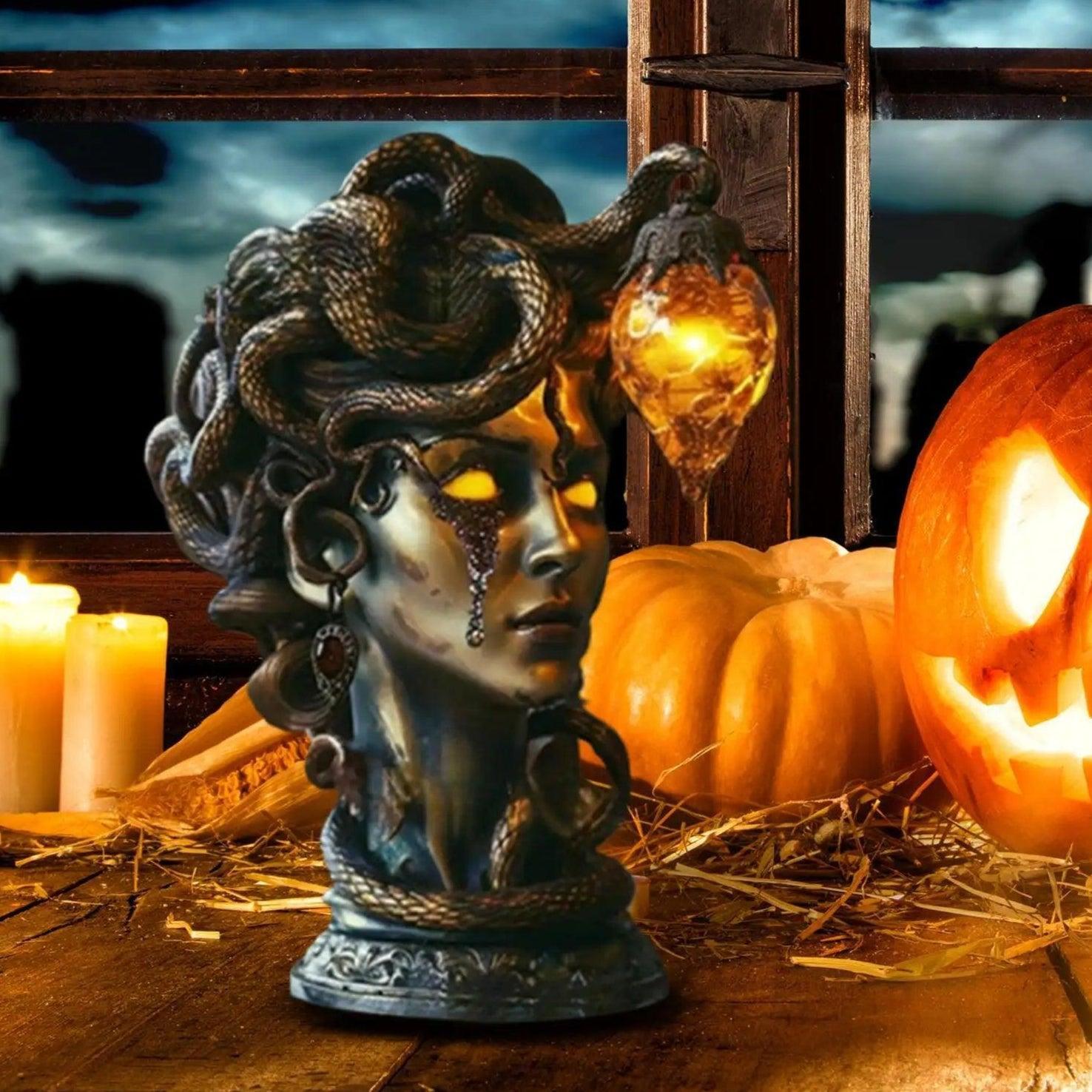 Mythical Goddess Medusa Bust Statue With LED Light - Witchy Gothic Resin Ornament Halloween Decoration-MoonChildWorld