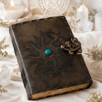 Mythological Sun Moon Leather Journal – Handmade Pagan Grimoire Book of Shadows – leather journal, back cover view