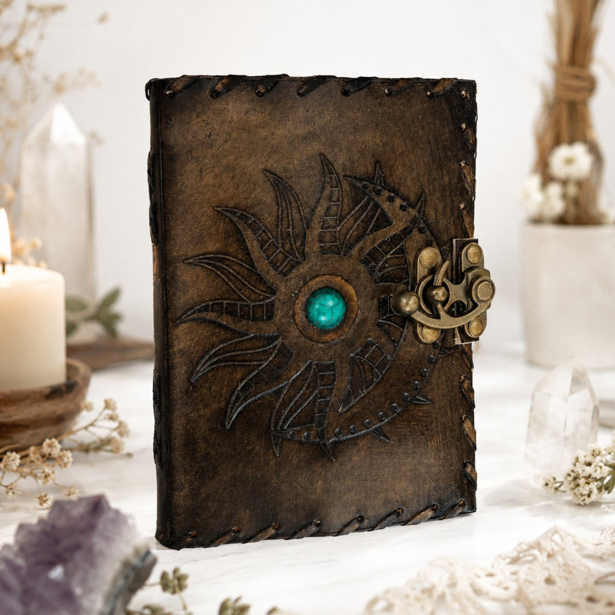 Mythological Sun Moon Leather Journal – Handmade Pagan Grimoire Book of Shadows – leather journal, open blank pages view