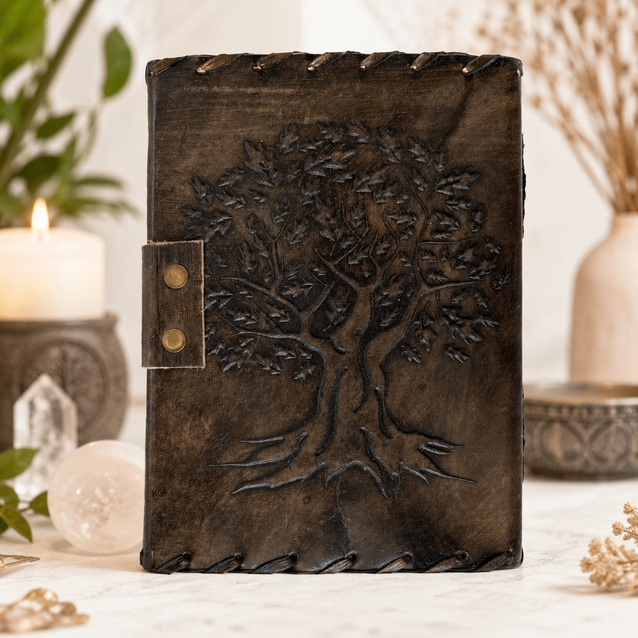 Mythological Sun Moon Leather Journal – Handmade Pagan Grimoire Book of Shadows – leather journal, close-up cover detail