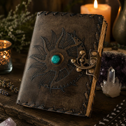 Mythological Sun Moon Leather Journal – Handmade Pagan Grimoire Book of Shadows – leather journal, size and scale view