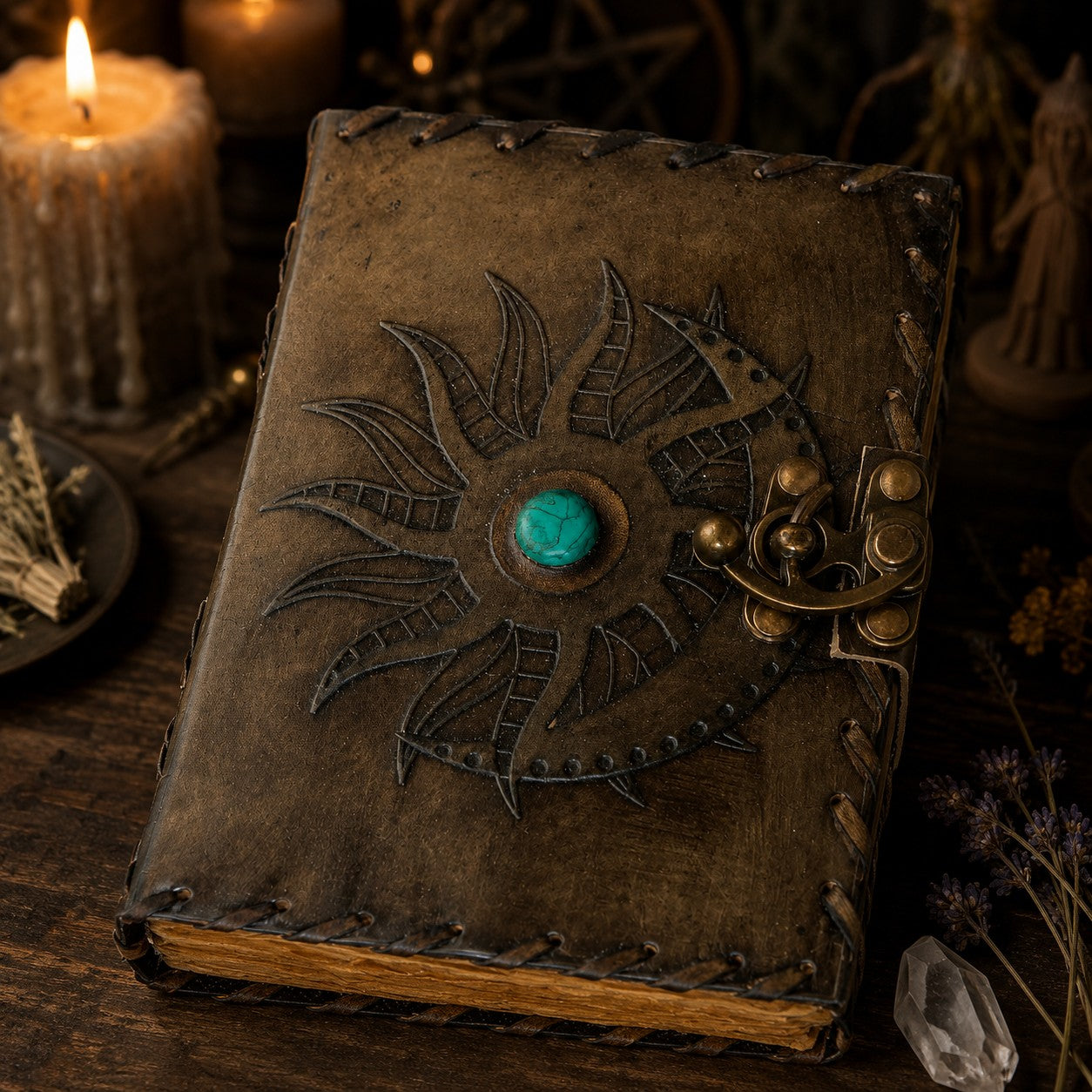 Mythological Sun Moon Leather Journal – Handmade Pagan Grimoire Book of Shadows – leather journal, front cover view