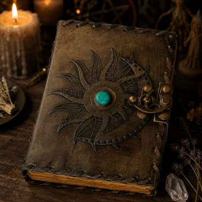 Mythological Sun Moon Leather Journal – Handmade Pagan Grimoire Book of Shadows – leather journal, front cover view