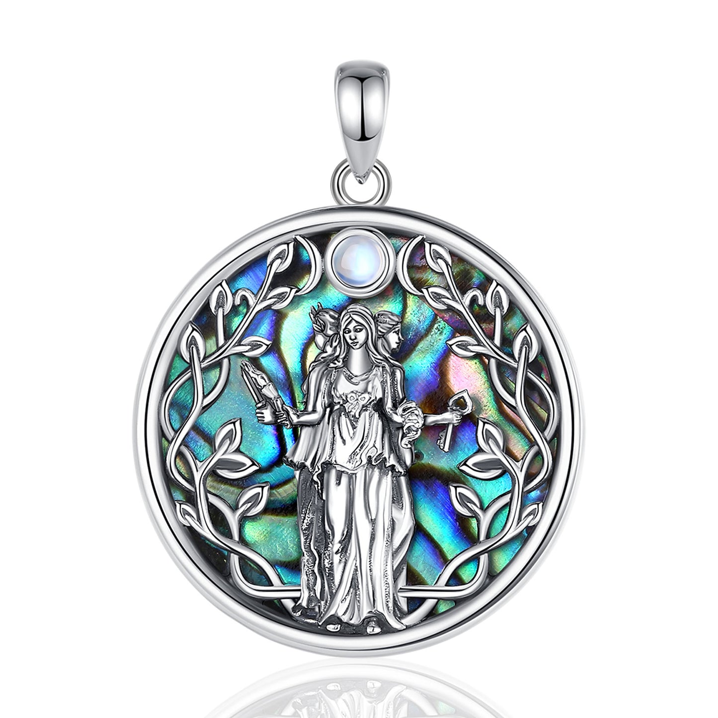Stunning 925 Sterling Silver Abalone Moon Goddess Hecate amulet pendant with iridescent shell and Celtic knotwork.