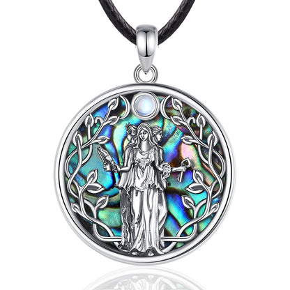 Stunning 925 Sterling Silver Abalone Moon Goddess Hecate amulet necklace with iridescent shell and black cord.