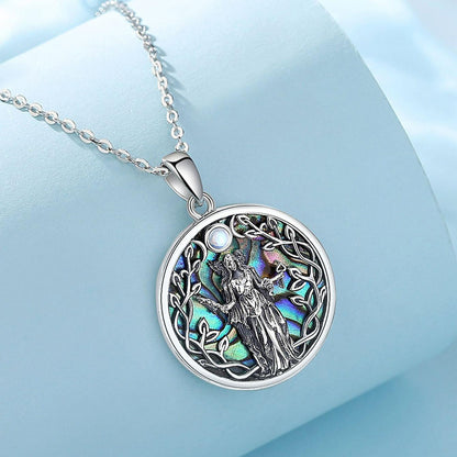 Stunning 925 Sterling Silver Abalone Moon Goddess Hecate amulet necklace with iridescent shell inlay and Celtic knotwork.
