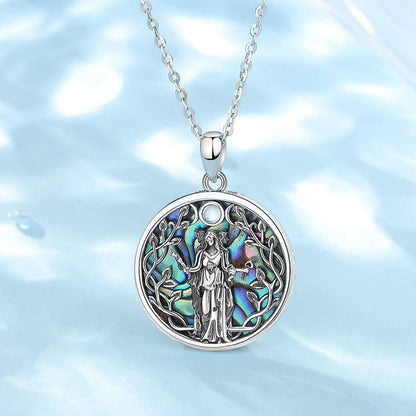 Stunning 925 Sterling Silver Abalone Moon Goddess Hecate Amulet Necklace with iridescent shell and intricate pagan design.