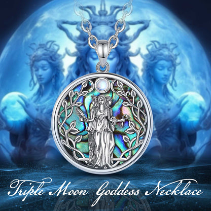 Stunning 925 Sterling Silver Abalone Moon Goddess Necklace with Hecate amulet, featuring iridescent abalone and a silver chain.