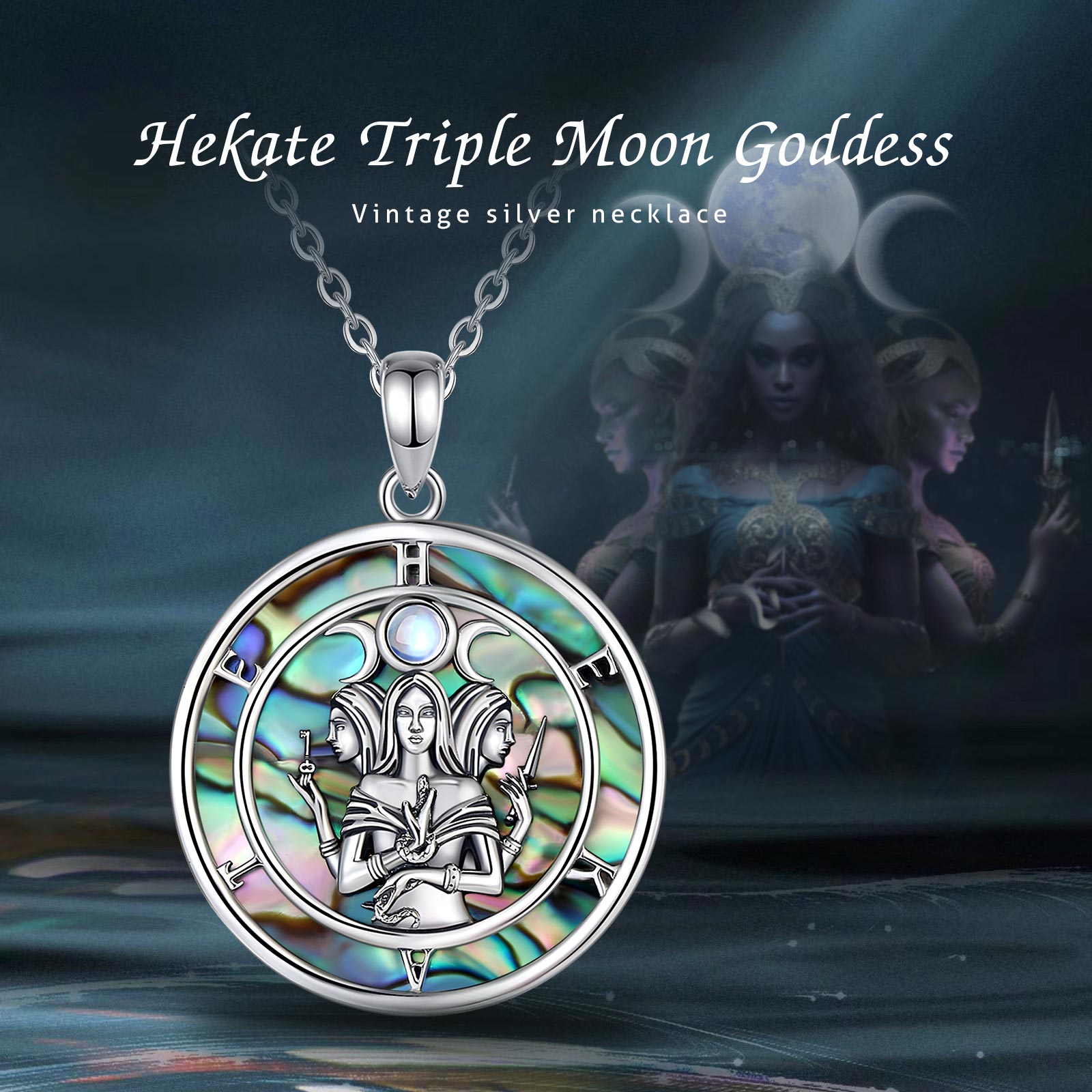 Natural Abalone Moon Goddess Necklace Hecate Amulet Jewelry-MoonChildWorld