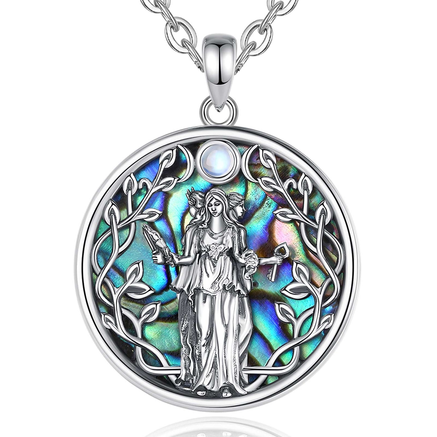 Stunning 925 Sterling Silver Abalone Moon Goddess Hecate amulet necklace with iridescent shell inlay.