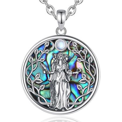 Stunning 925 Sterling Silver Abalone Moon Goddess Hecate amulet necklace with iridescent shell inlay.