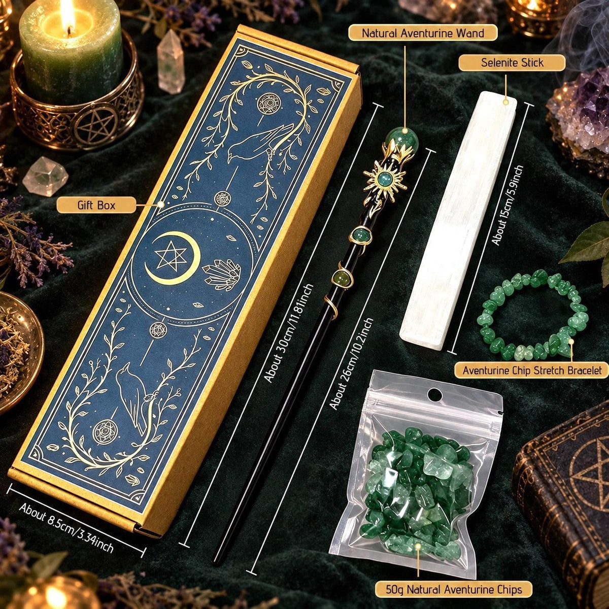 A styled flat-lay of a wiccan altar set with labeled callouts showing a blue and gold gift box, a natural aurore wand, a selenium stick, an aurore charm bracelet, and 50g of natural aurore chips, all arranged on a dark green velvet cloth with candles and crystals.