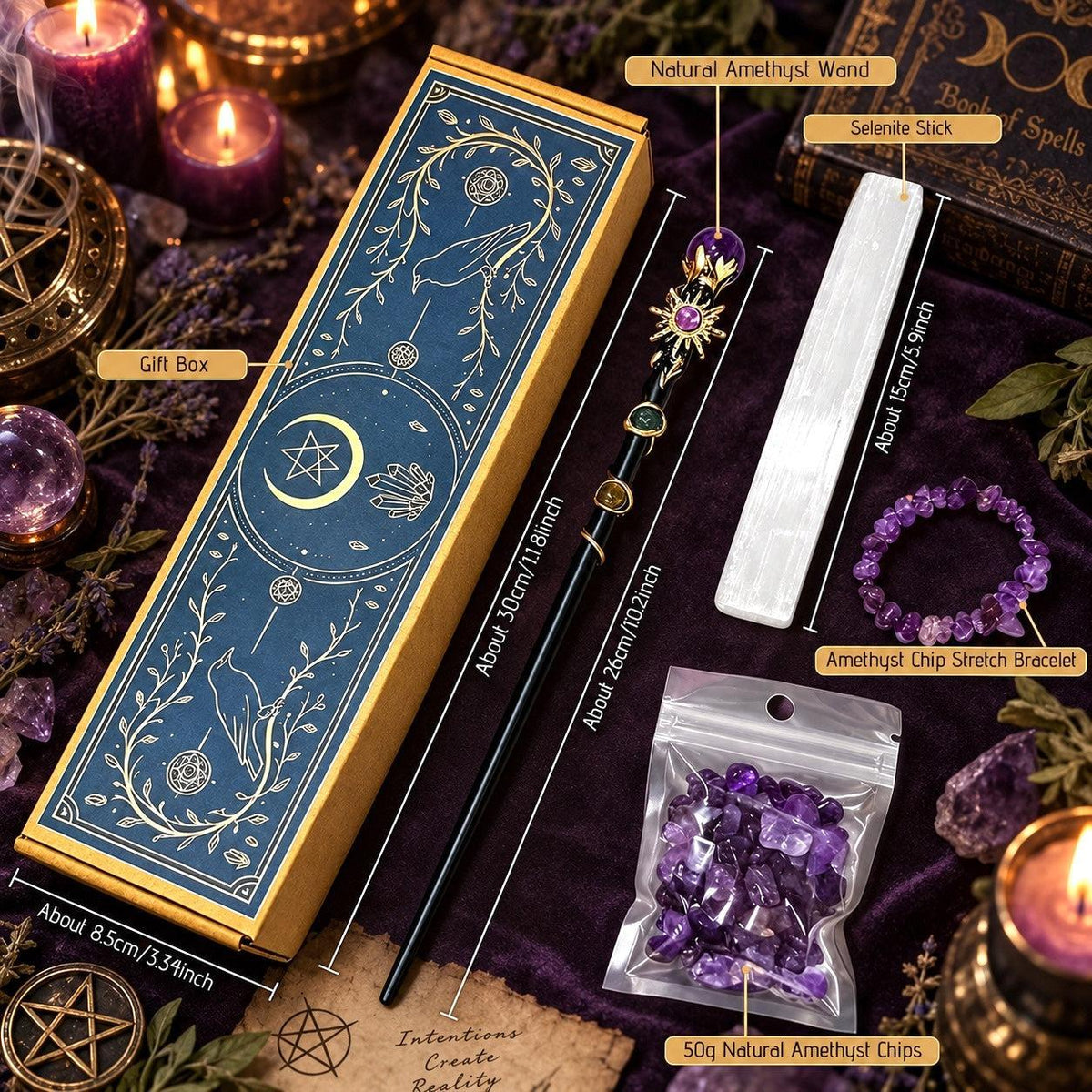 A styled flat-lay of a Wiccan altar set featuring a blue and gold amethyst wand, a silver altar stick, an amethyst chip bracelet, and a gift box, all labeled with text overlays on a dark purple velvet background with candles and crystals.