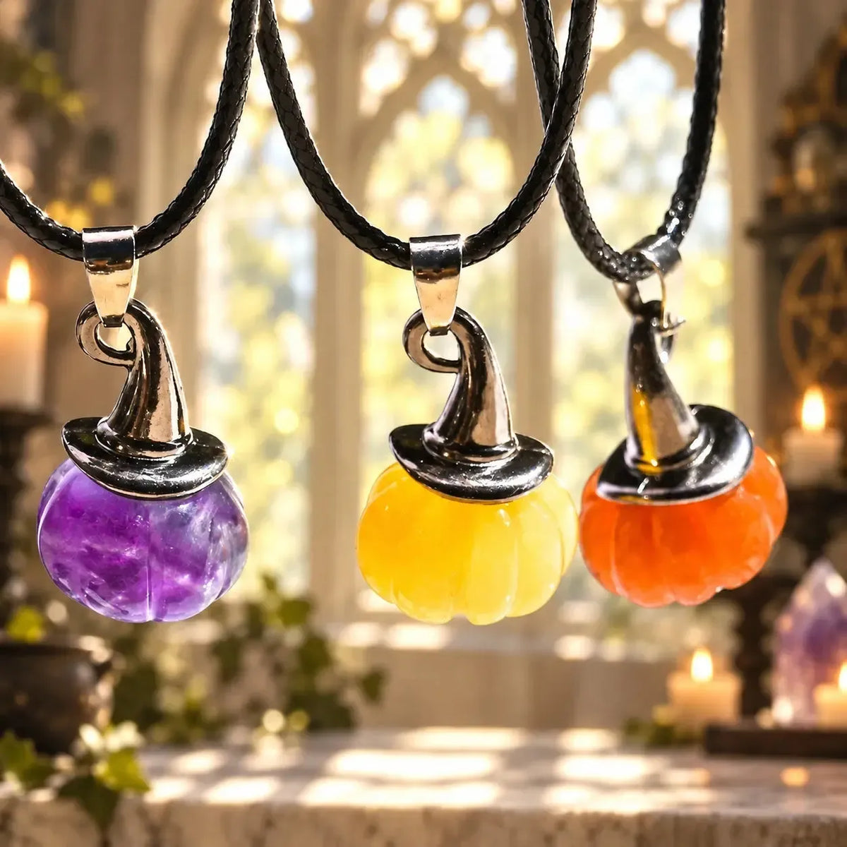 Purple, yellow and orange pumpkin witch hat pendants side by side