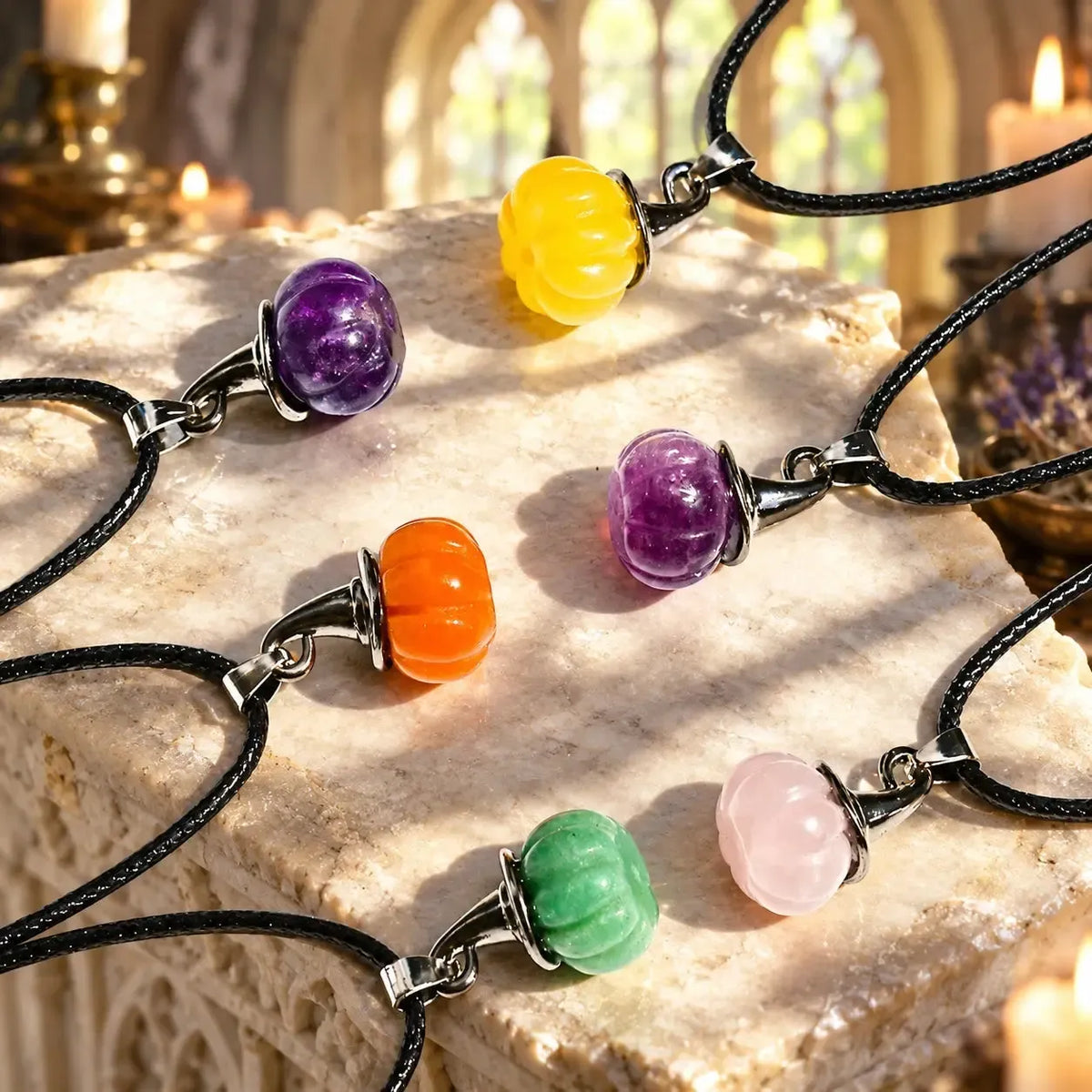 Pumpkin witch hat necklace collection with cords arranged on a white background
