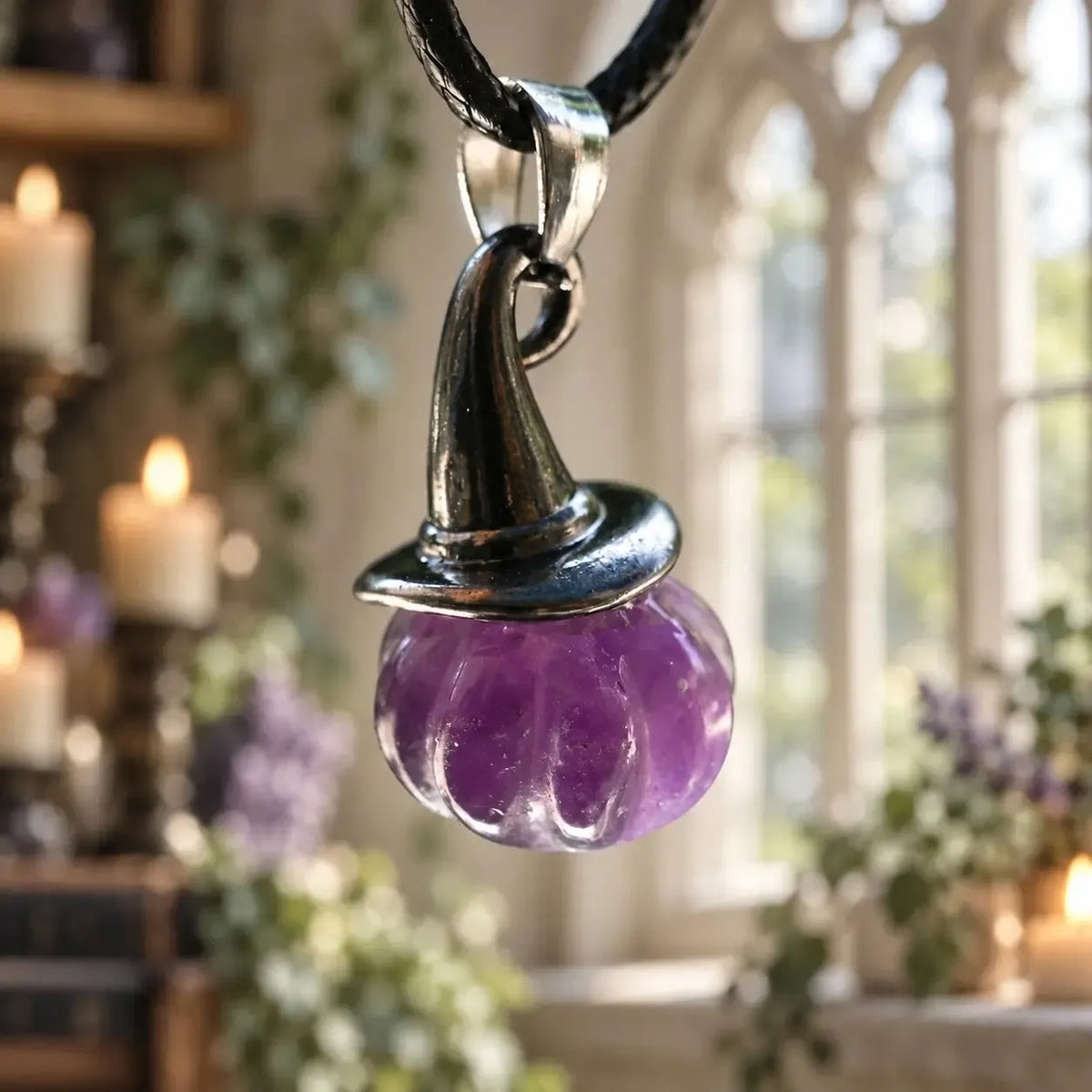 Purple pumpkin witch hat pendant close-up on a cord