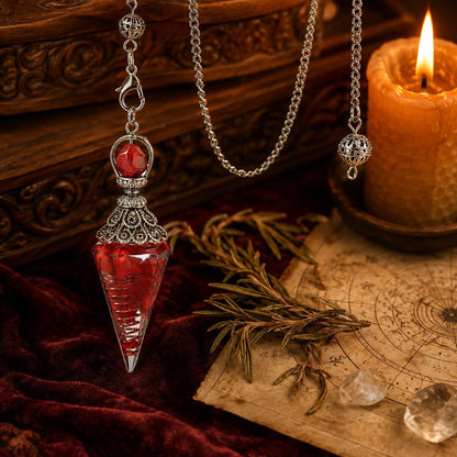 Red jade spirit pendulum on a warm Wiccan ritual altar
