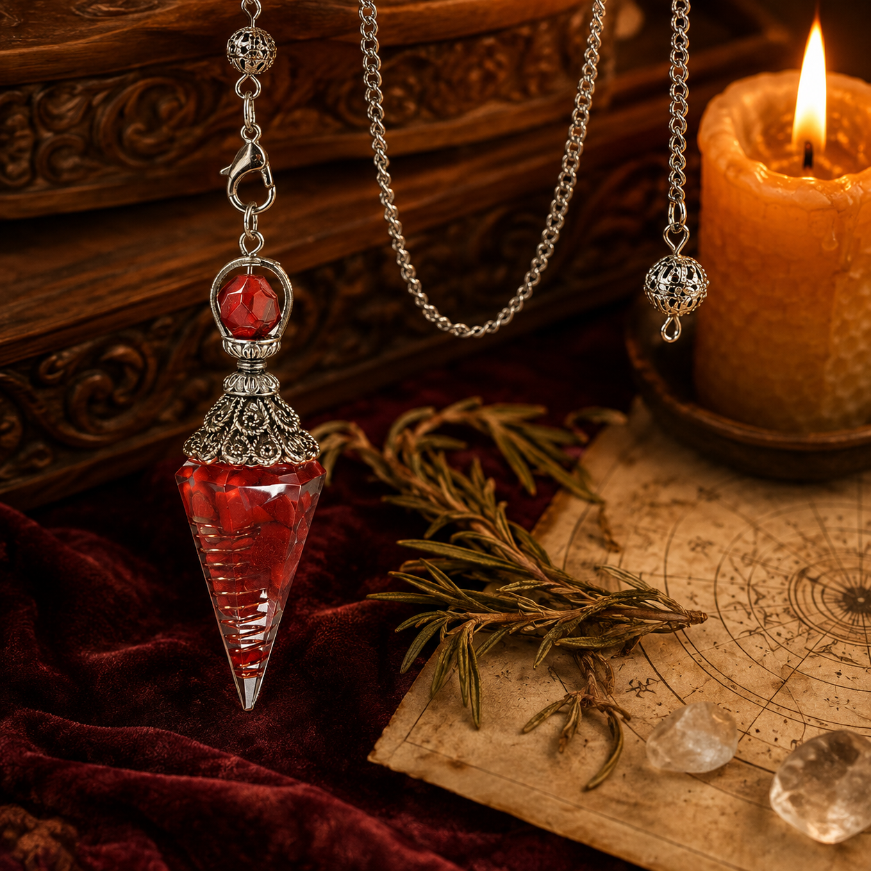 Red jade spirit pendulum on a warm Wiccan ritual altar