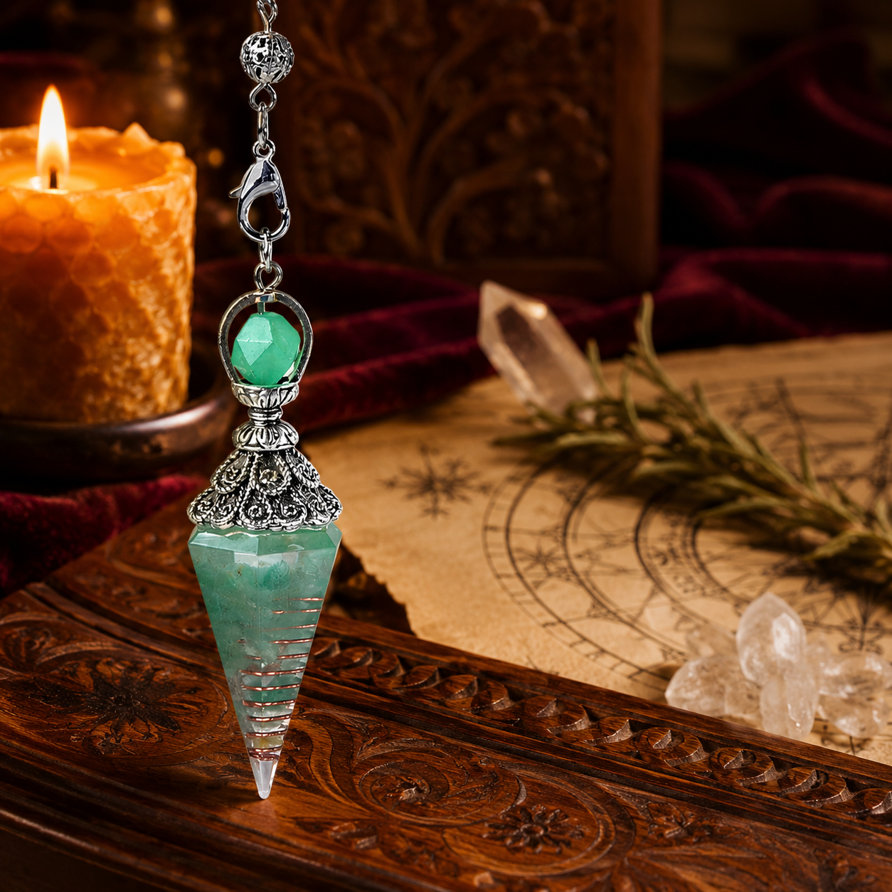 Green aventurine spirit pendulum on a warm Wiccan ritual altar