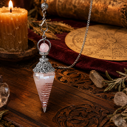 Rose quartz spirit pendulum on a warm Wiccan ritual altar