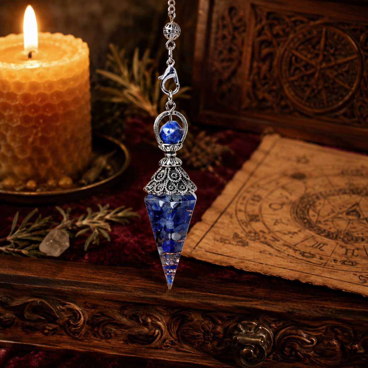 Lapis lazuli spirit pendulum on a warm Wiccan ritual altar