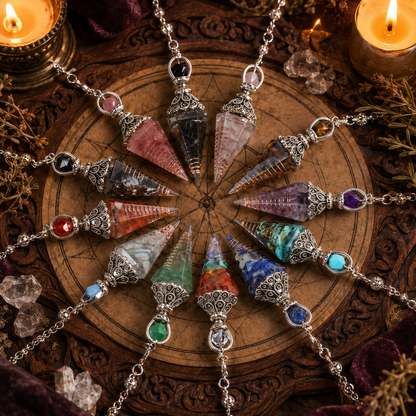 Natural stone spirit pendulums arranged on a warm Wiccan divination altar