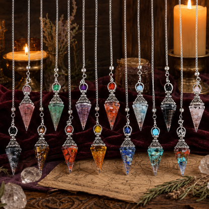 Latticed natural stone pendulum color gallery in a warm Wiccan ritual setting