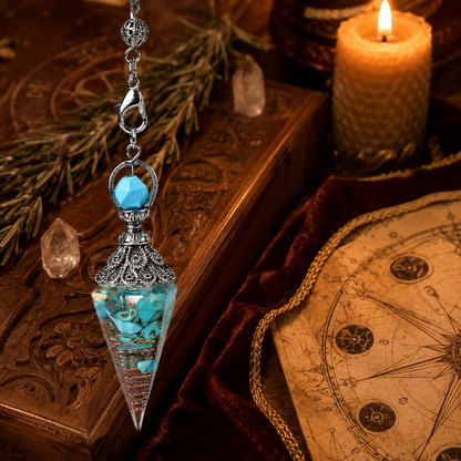 Blue turquoise spirit pendulum on a warm Wiccan ritual altar