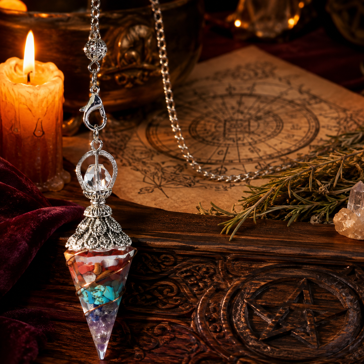 Seven Chakra spirit pendulum on a warm Wiccan ritual altar