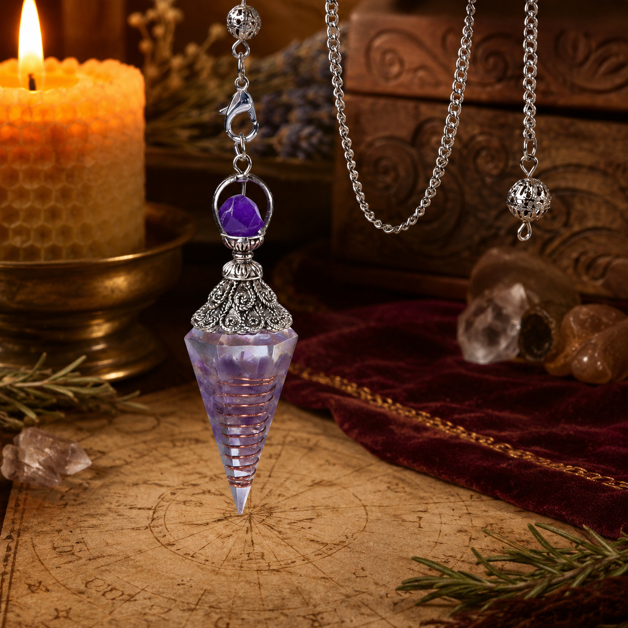 Amethyst spirit pendulum on a warm Wiccan ritual altar