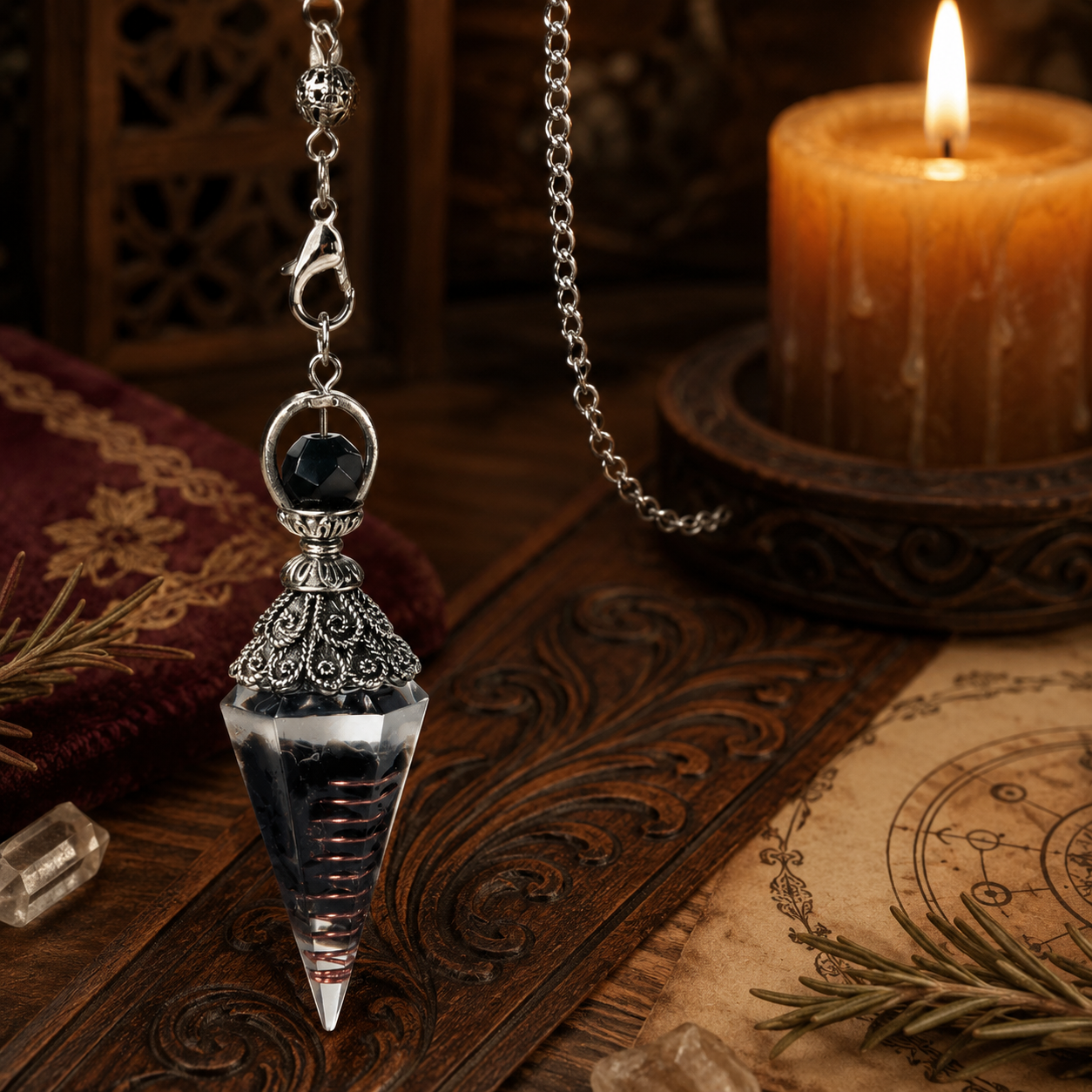 Black obsidian spirit pendulum on a warm Wiccan ritual altar