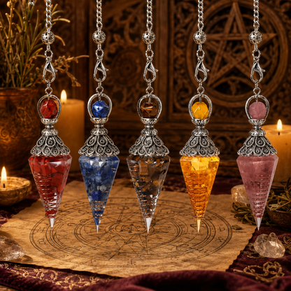 Natural stone spirit pendulum collection on a warm Wiccan ritual altar