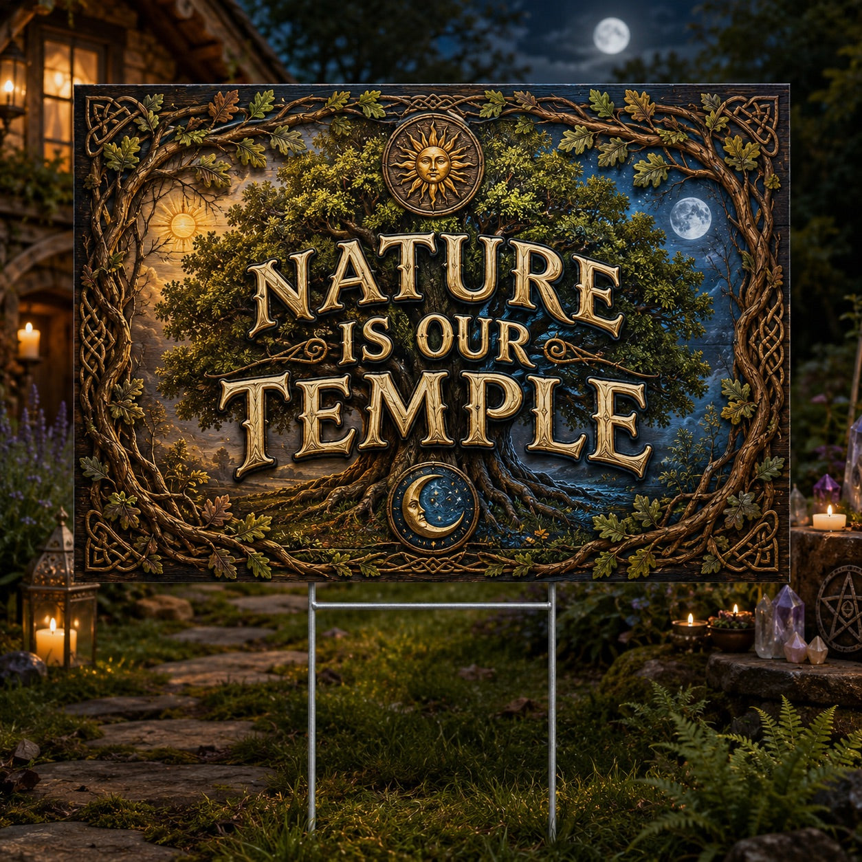 Nature Is Our Temple Stone Arch Wicca Yard Sign - front view