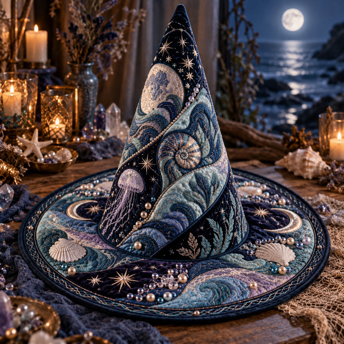 Nautilus Moon Quilted Witch Hat – Jellyfish Celestial Wide Brim Hat – styled with candles and crystals