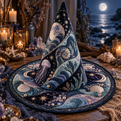 Nautilus Moon Quilted Witch Hat – Jellyfish Celestial Wide Brim Hat – styled with candles and crystals