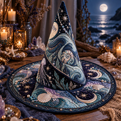 Nautilus Moon Quilted Witch Hat – Jellyfish Celestial Wide Brim Hat – styled with candles and crystals
