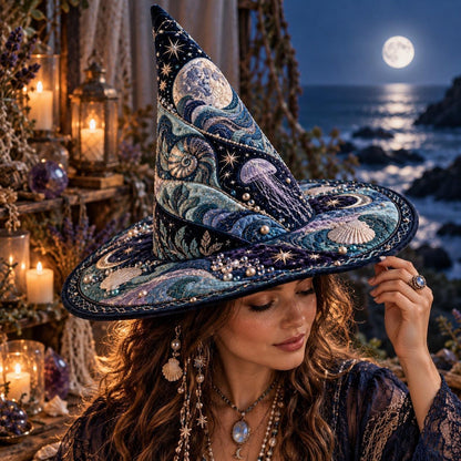 Nautilus Moon Quilted Witch Hat – Jellyfish Celestial Wide Brim Hat – worn by a model