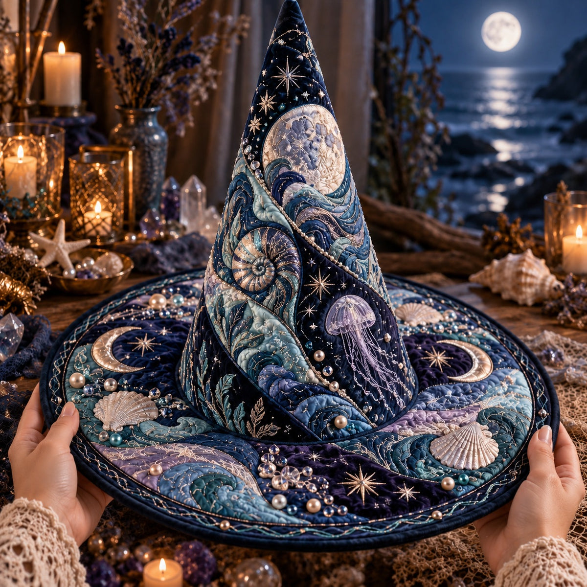 Nautilus Moon Quilted Witch Hat – Jellyfish Celestial Wide Brim Hat – held in both hands