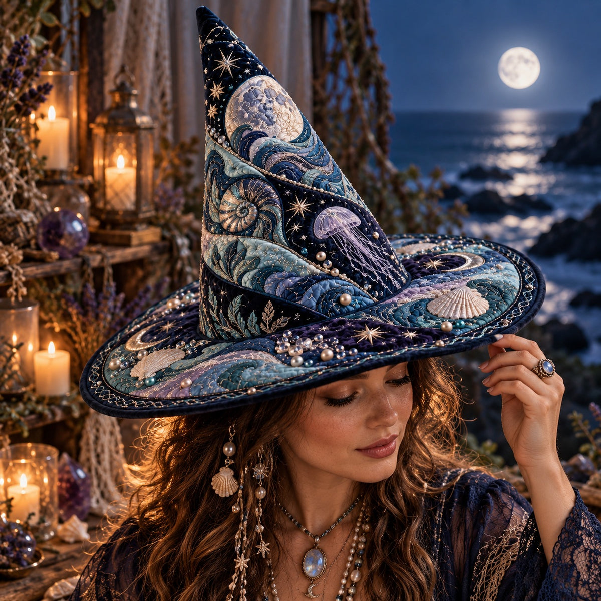 Nautilus Moon Quilted Witch Hat – Jellyfish Celestial Wide Brim Hat – worn by a model