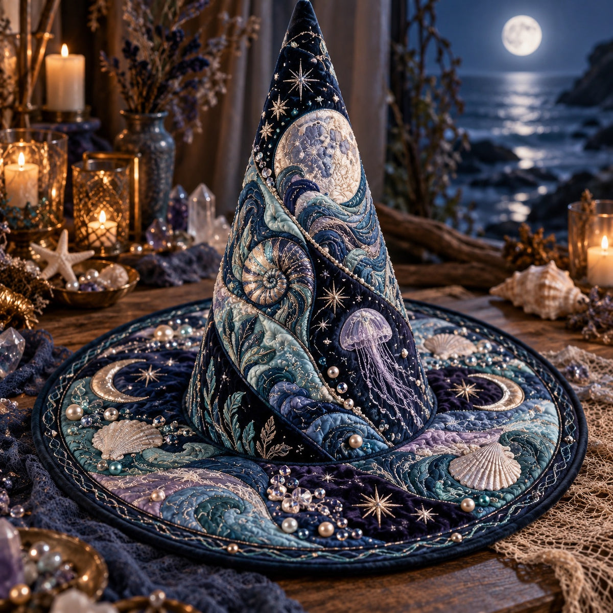 Nautilus Moon Quilted Witch Hat – Jellyfish Celestial Wide Brim Hat – styled with candles and crystals