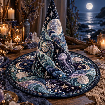 Nautilus Moon Quilted Witch Hat – Jellyfish Celestial Wide Brim Hat – styled with candles and crystals