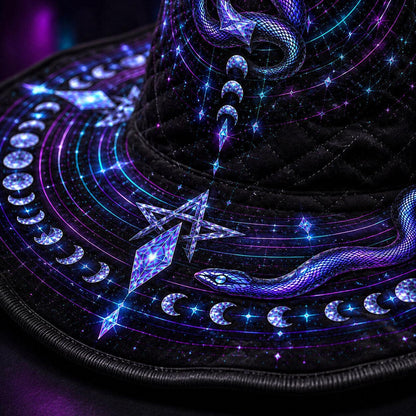 Neon Serpent Witch Hat – Pentacle Moon Phase Occult Brim Hat – styled with candles and crystals