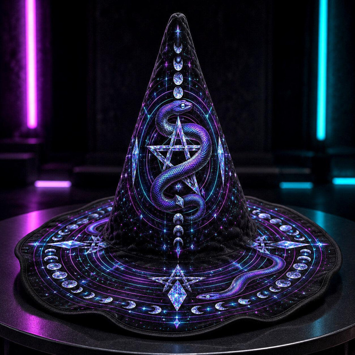 Neon Serpent Witch Hat – Pentacle Moon Phase Occult Brim Hat – quilting and print detail