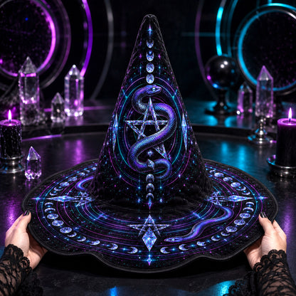 Neon Serpent Witch Hat – Pentacle Moon Phase Occult Brim Hat – on an altar table
