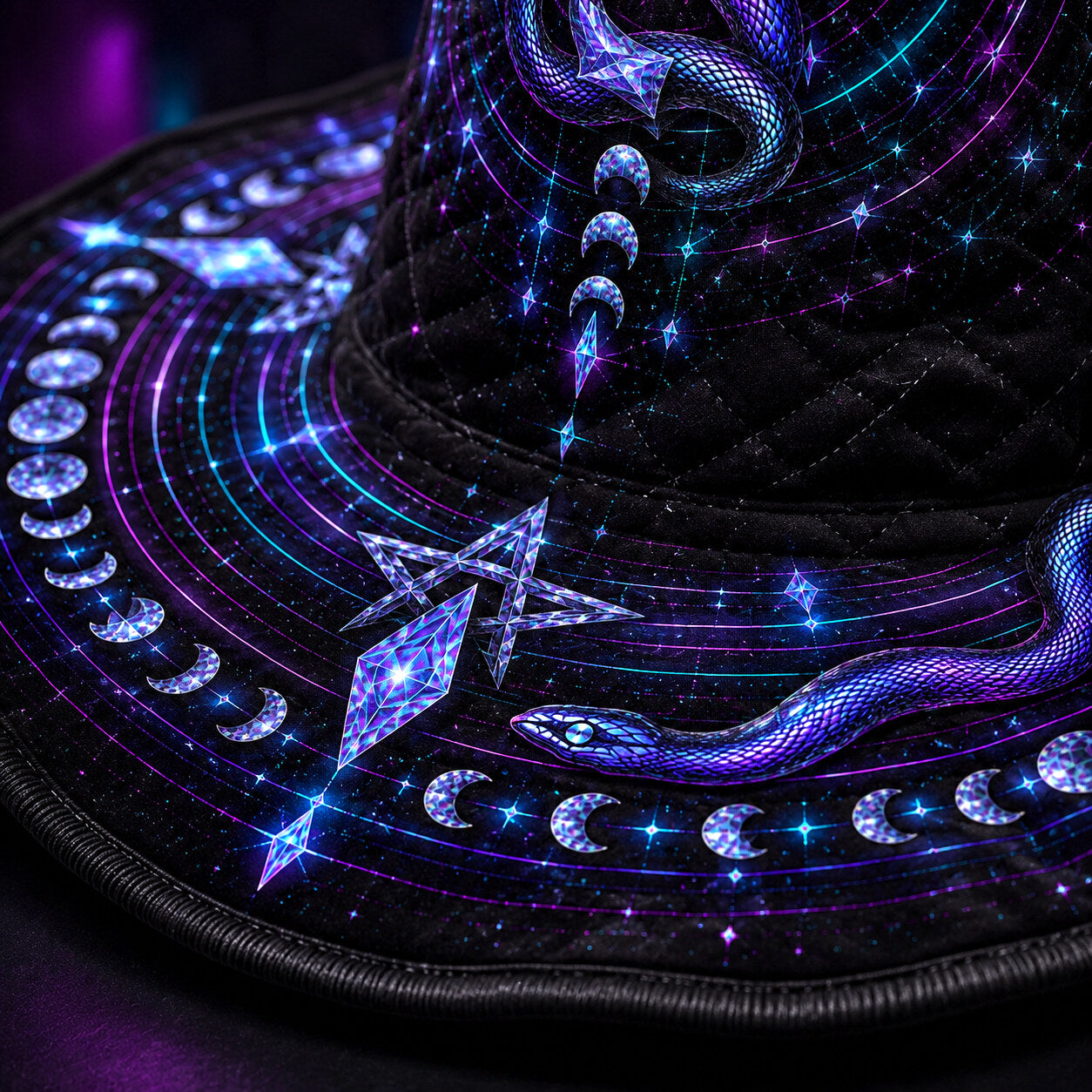 Neon Serpent Witch Hat – Pentacle Moon Phase Occult Brim Hat – styled with candles and crystals