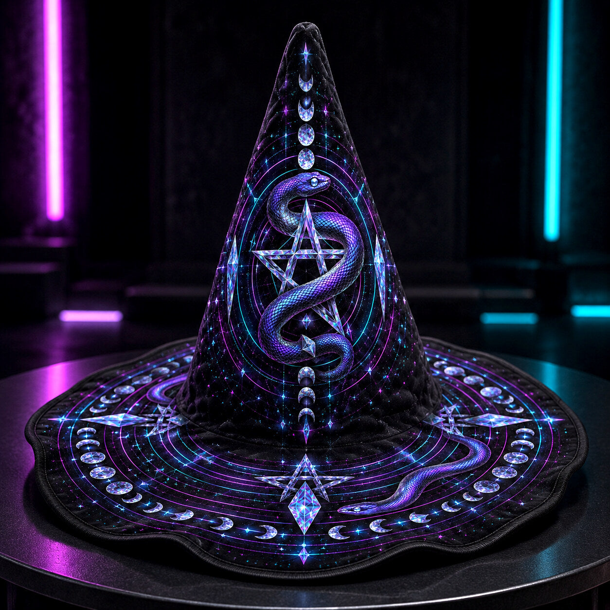 Neon Serpent Witch Hat – Pentacle Moon Phase Occult Brim Hat – quilting and print detail