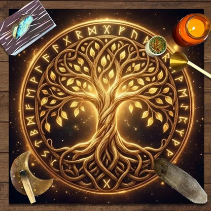 Yggdrasil golden illuminated altar cloth with rune ring – Viking Asatru tarot divination mat