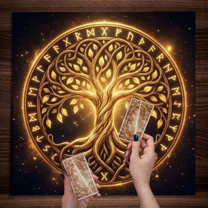 Nordic golden rune tarot altar cloth – Norse Pagan ritual mat for Odin Asatru altar decor