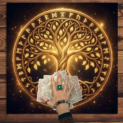 Golden Yggdrasil rune ring altar cloth – Norse witchcraft tarot mat for crystal healing and ritual