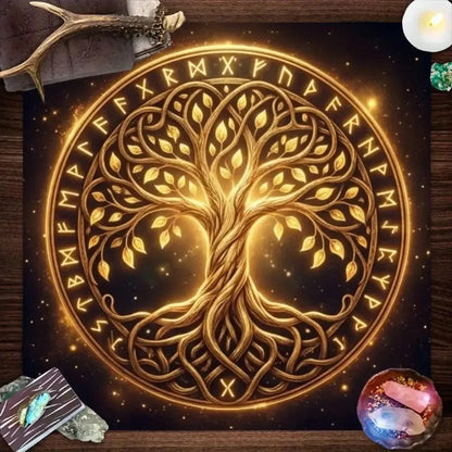 Nordic Golden Tree of Life Altar Cloth with Elder Futhark rune ring – Norse Pagan tarot ritual mat